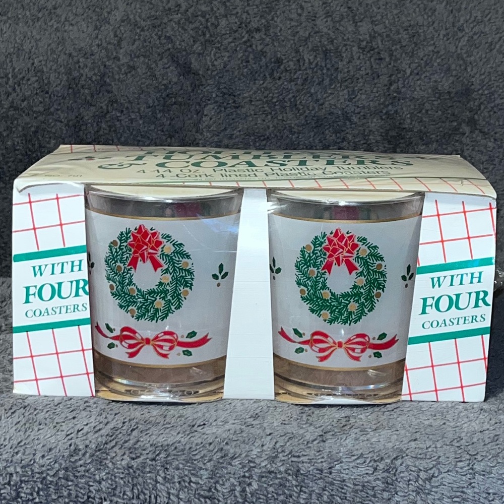 Vintage 1987 Holiday Tumblers and Coasters Set of 4 in Original Packaging. NOS.